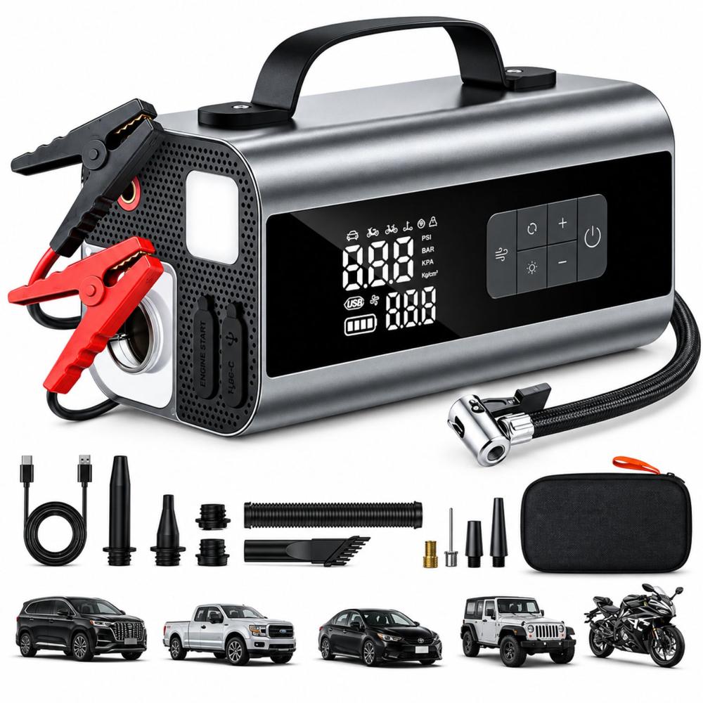 Arrancador de Auto 12V 2000A con Inflador 160PSI Aspiradora y Power Bank 10000mAh