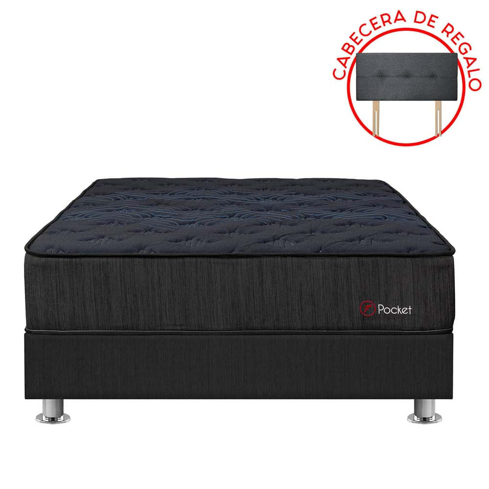 Cama Americana FORLI Pocket Negro 2 Plazas + Protector + 2 Almohadas