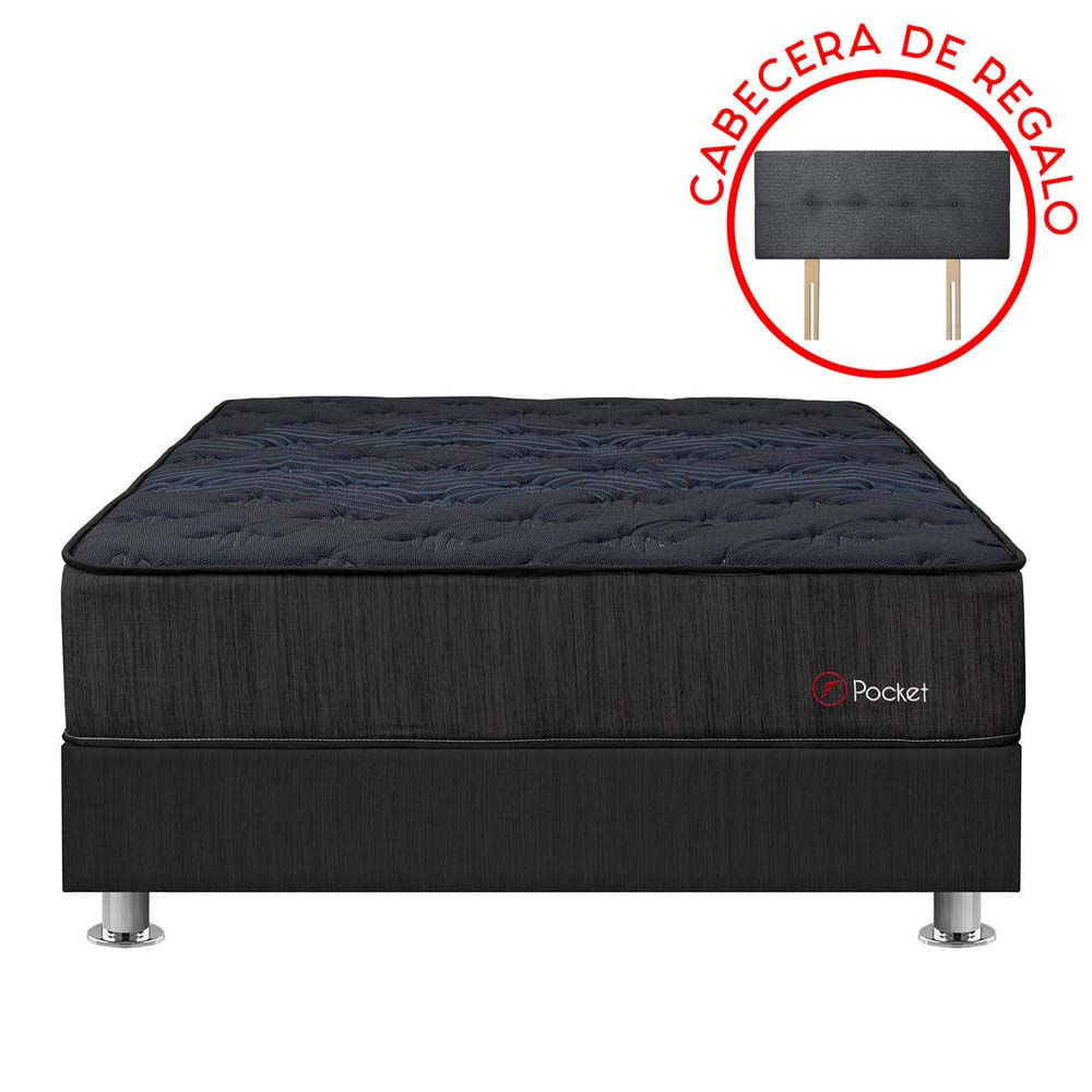 Cama Americana FORLI Pocket Negro Queen + Protector + 2 Almohadas