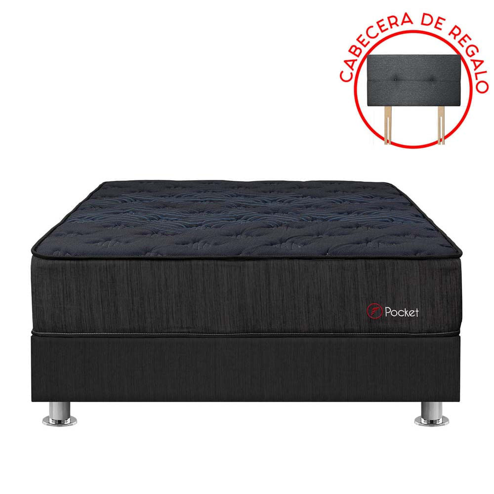 Cama Americana FORLI Pocket Negro 1.5 Plazas + Protector + Almohada