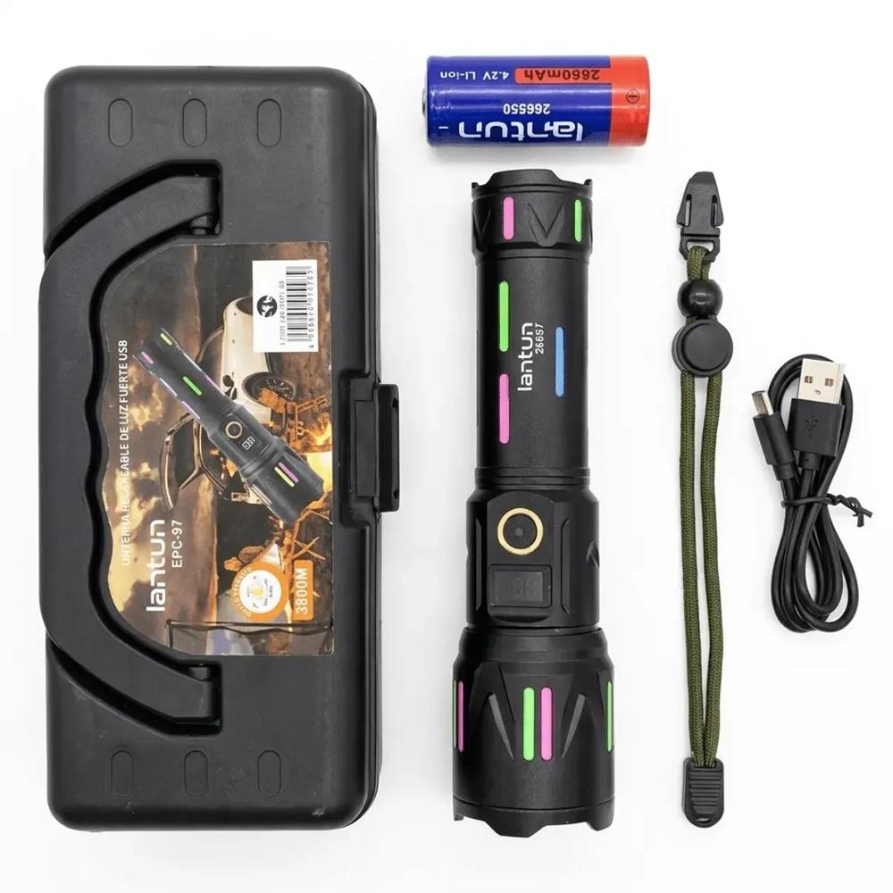 Linterna Táctica LED Recargable USB Lantun EPC-98 3800mAh con Pantalla Digital y Estuche.