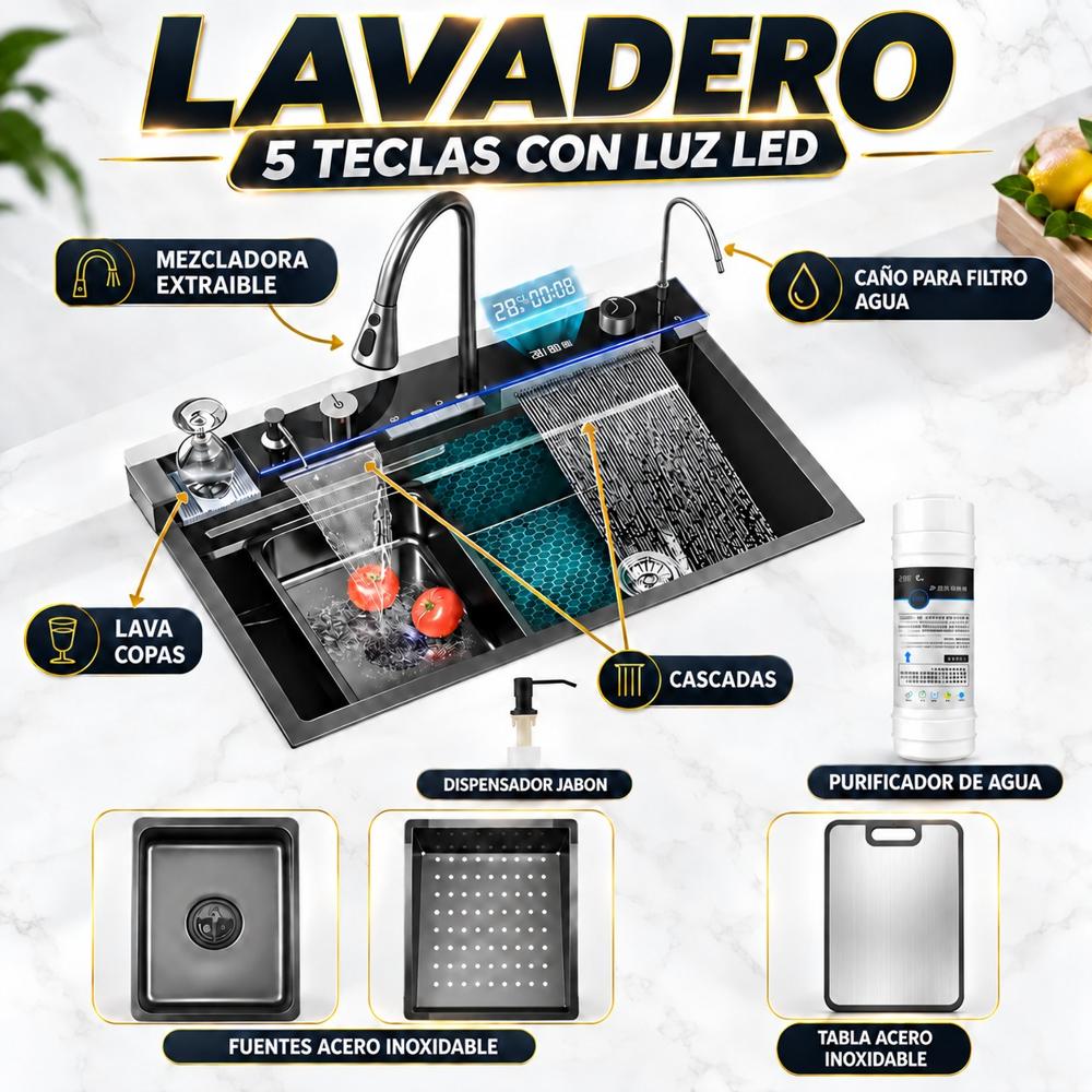 LAVADERO MULTIFUNCION DE COCINA 7 EN 1 CON LUCES 5 TECLAS MEZCLADORA CON TABLA PICAR DE ACERO