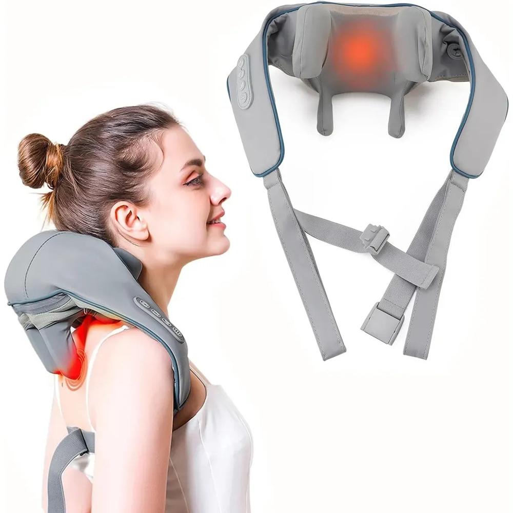 MASAJEADOR PORTÁTIL DE CUELLO HOMBROS ESPALDA Y CUERPO CON CORREAS AJUSTABLES COLOR GRIS