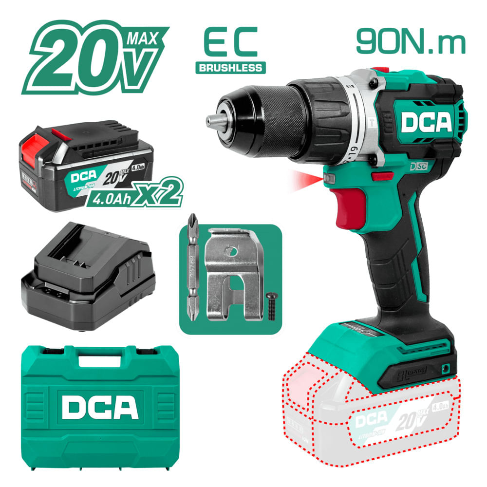 TALADRO PERCUTOR 20V BRUSHLESS 13 MM 90 N.M 19 2 B 2X4.0 AH MALETIN