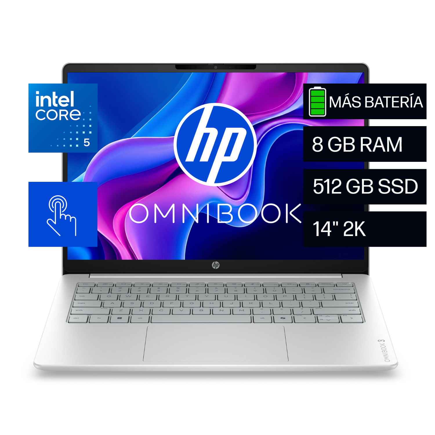 Laptop HP OmniBook 3 14-hu0052la, Intel Core 5, 8 GB RAM, 512 GB SSD, 14"" Táctil 2K, Windows 11 Home