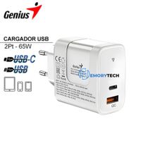 CARGADOR DE PARED GENIUS PD-65AC 65W CARGA RÁPIDA 1 USB-C 1 USB-A BLANCO