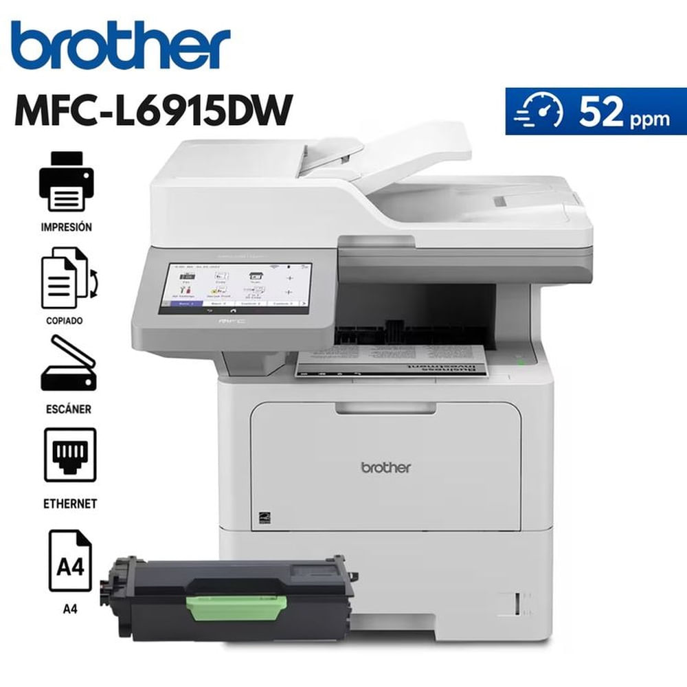 IMPRESORA LÁSER MULTIFUNCIONAL MONOCROMÁTICA BROTHER MFC-L6915DW DUPLEX WIFI ADF