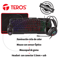 Kit 4 en 1 Teros TE-4063N Teclado Multimedia Mouse Headset Mouse Pad
