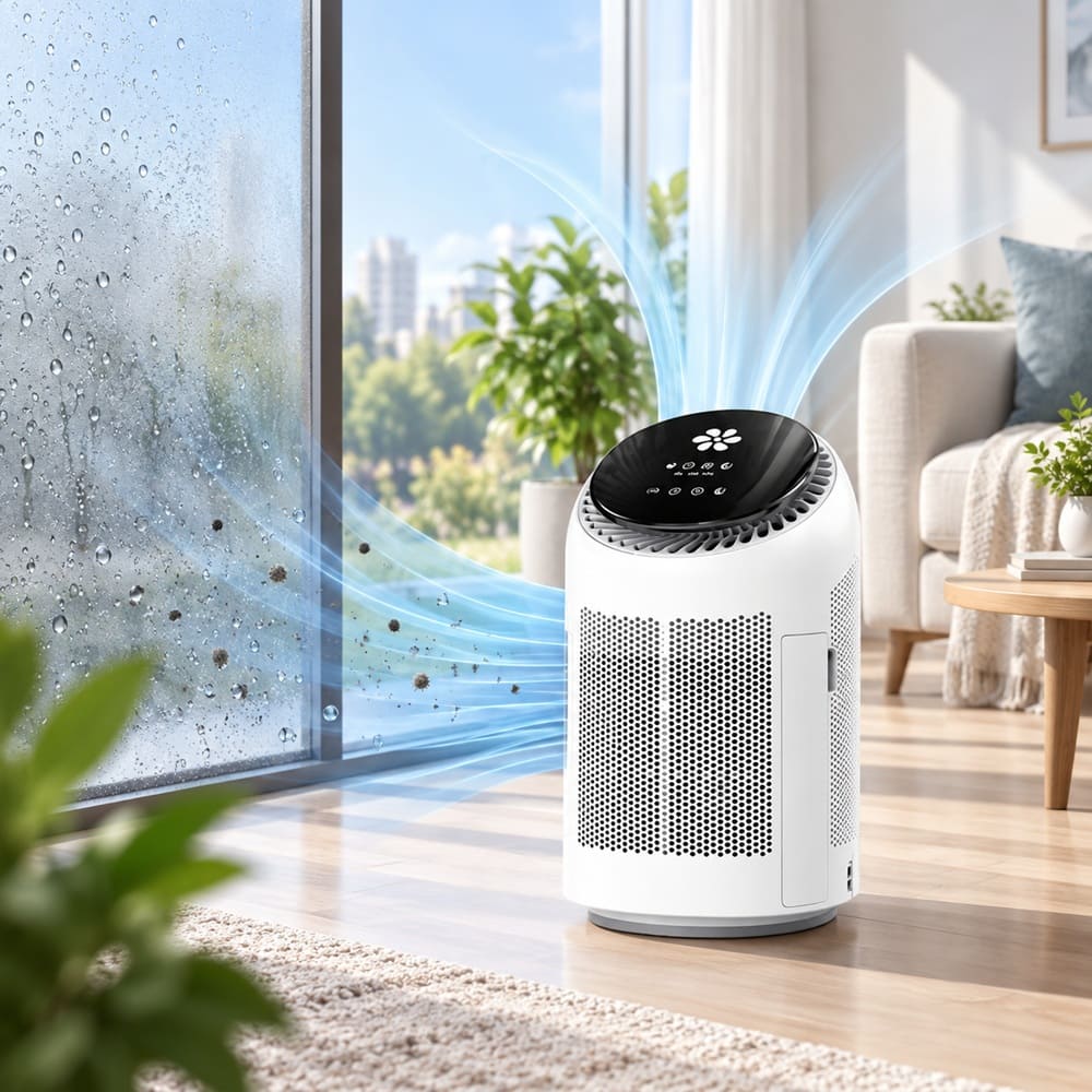 Purificador de aire con deshumedecedor 1L por dia tanque 700mL temporizador modo sleep boton táctil