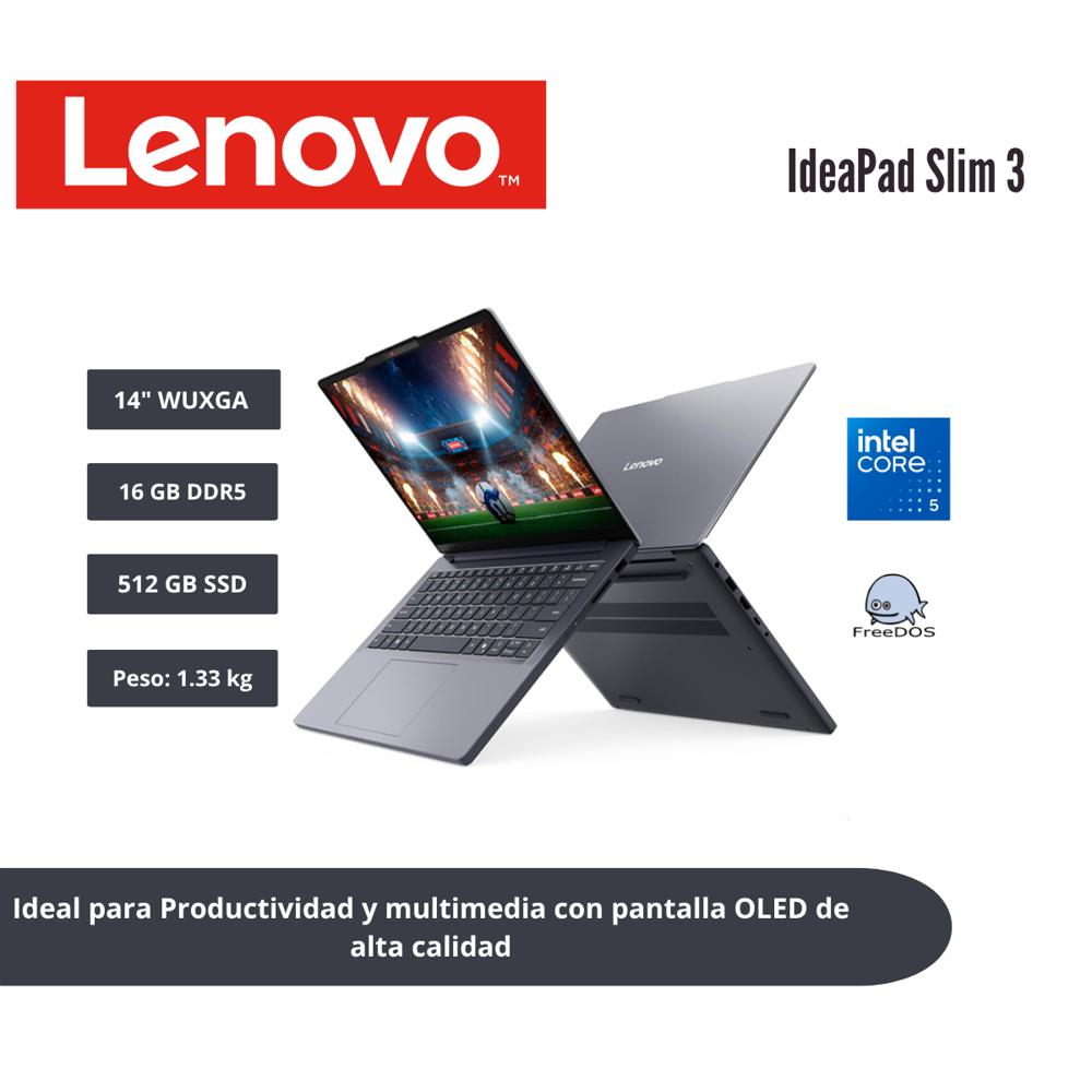 LAPTOP LENOVO IDEAPAD SLIM 3 14 WUXGA OLED CORE 5 320 16GB DDR5 512GB SSD LUNA GREY 83RQ005HLM