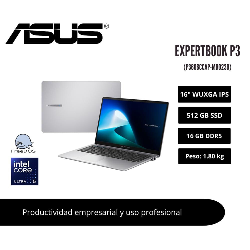 LAPTOP ASUS EXPERTBOOK P3 16 WUXGA IPS CORE ULTRA 5 225H 16GB DDR5 512GB SSD MISTY GREY