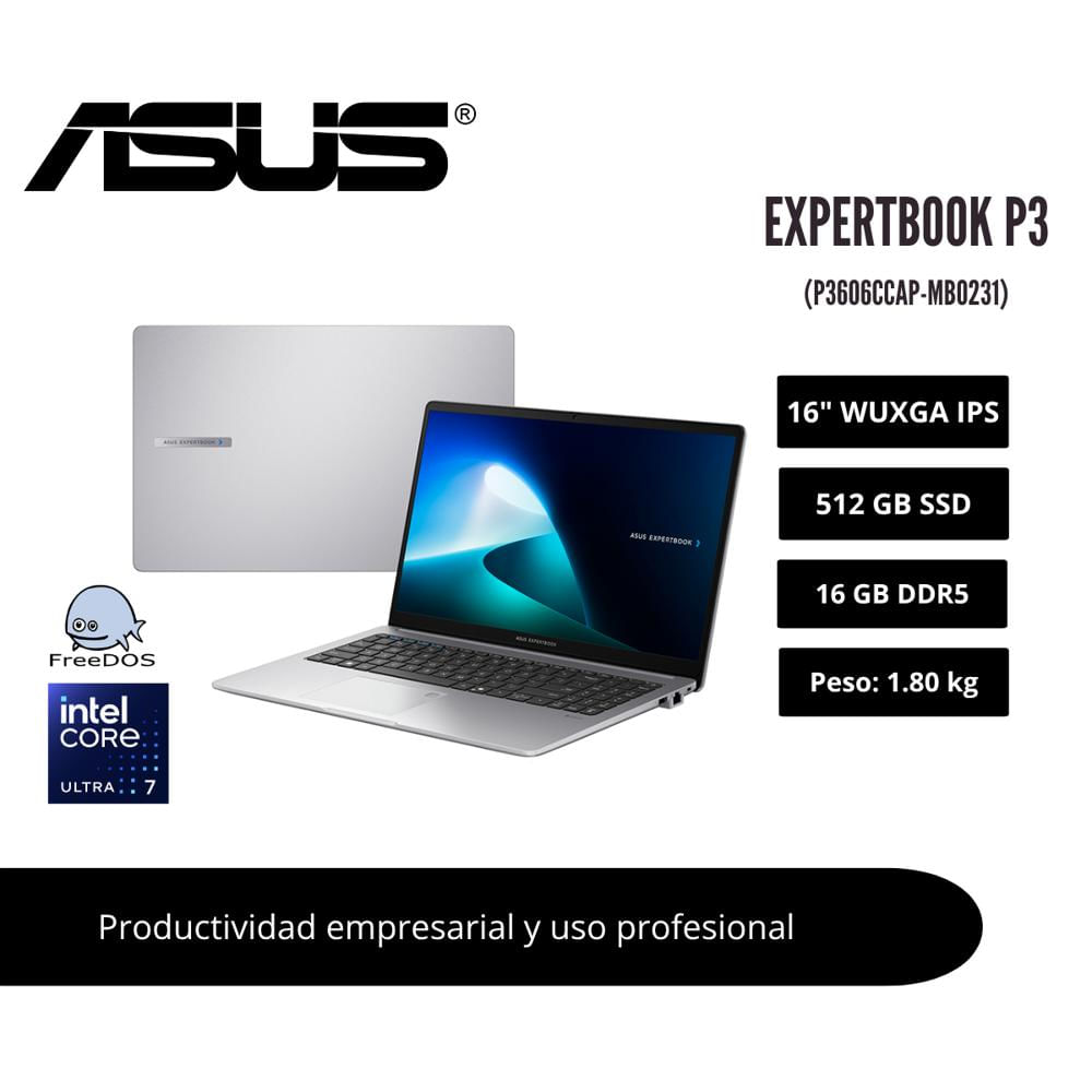 LAPTOP ASUS EXPERTBOOK P3 16 WUXGA IPS CORE ULTRA 7 255H 16GB DDR5 512GB SSD