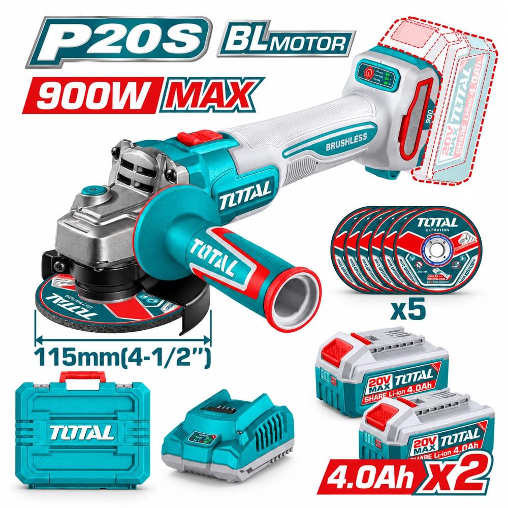 Amoladora Angular Inalámbrica Total 20V 4-12 Brushless 900W 2 Baterias Y Cargador