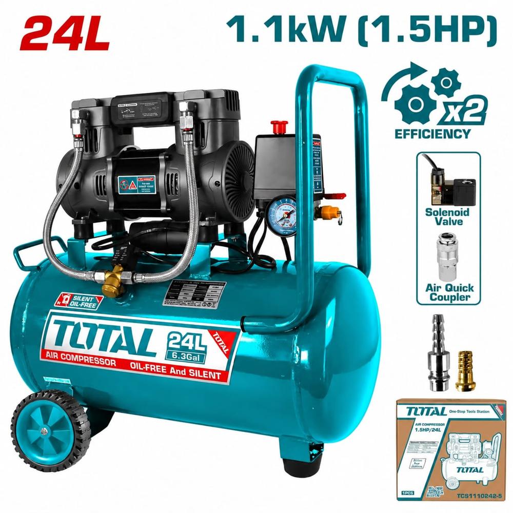 Compresora de Aire Total 24L 1.5HP 1100W Silenciosa Oil Free