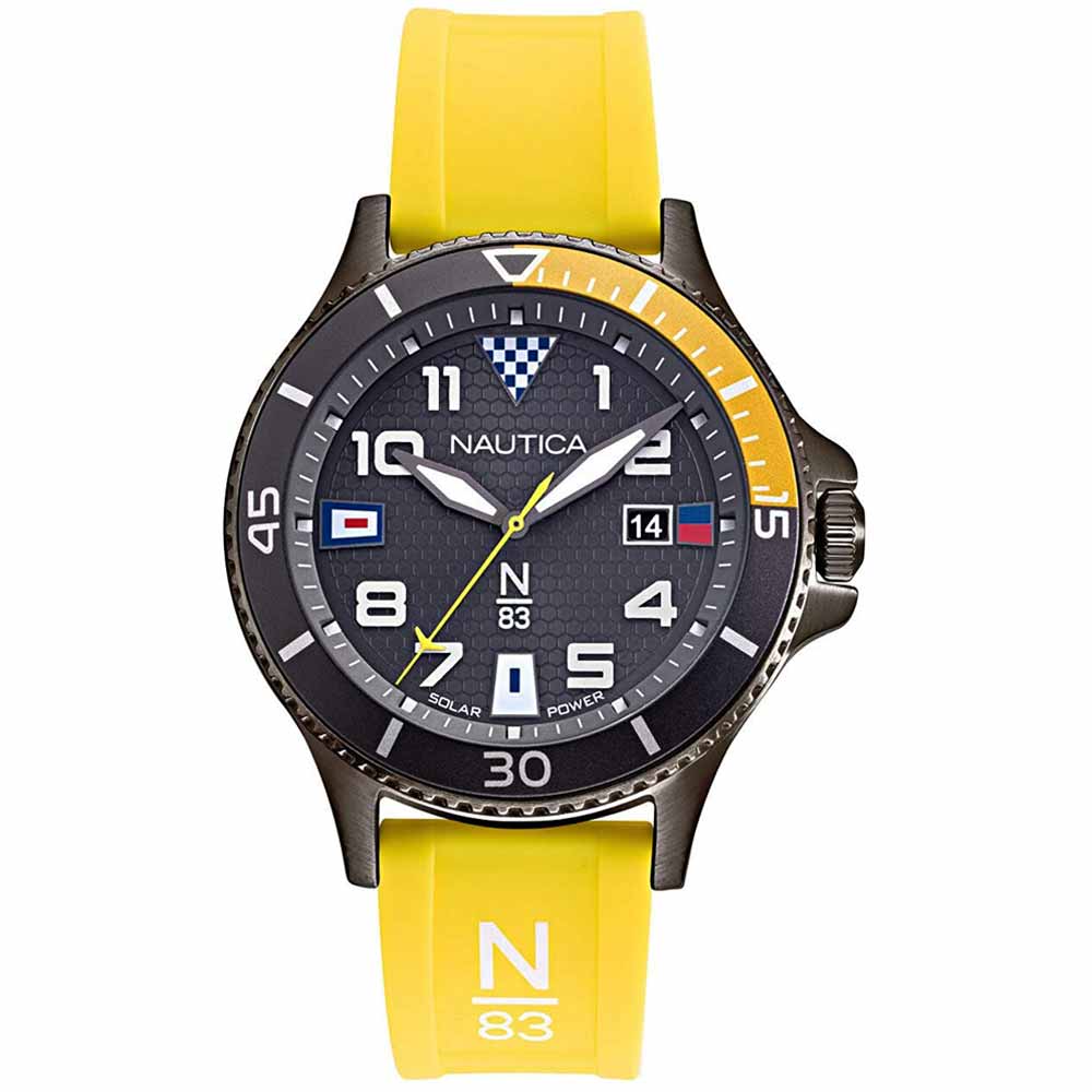 Reloj Nautica N83 Cocoa Beach NAPCBF915 Solar Fecha Correa de Silicona Amarillo Dial Negro