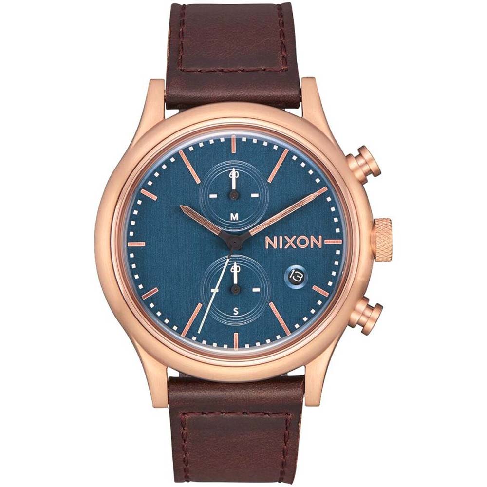 Reloj Nixon Station A11632629 Fecha Cronómetro Correa de Cuero Marrón Dial Azul