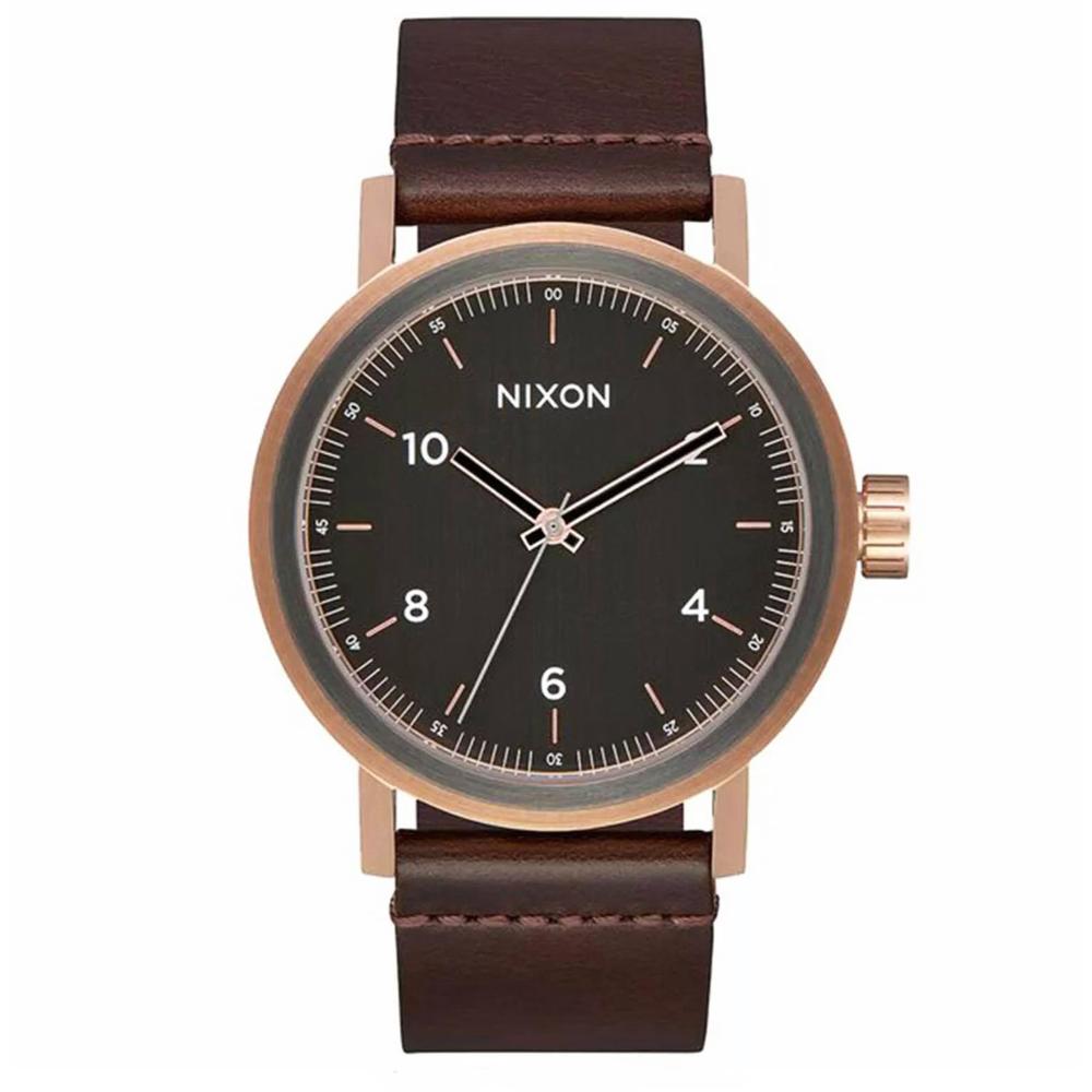 Reloj Nixon Stark A11942001 Acero Inoxidable Rose Gold Correa de Cuero Marrón Dial Gris