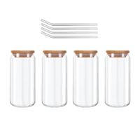 4 Vasos con tapa de bambú y cañita de vidrio - Resistente al Calor