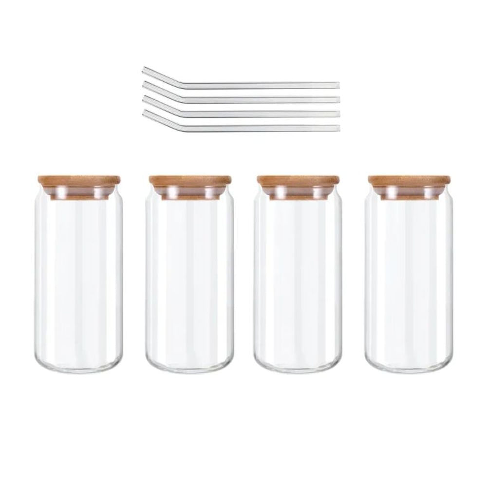 4 Vasos con tapa de bambú y cañita de vidrio - Resistente al Calor