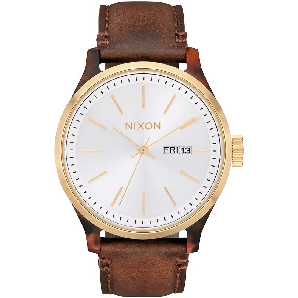 Reloj Nixon Sentry Luxe A12633169 Fecha Cuero Marrón Dial Blanco