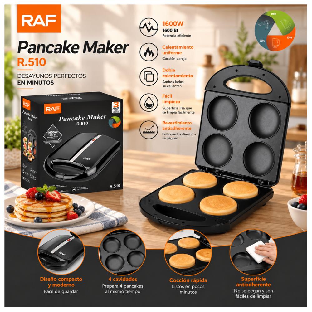 Máquina para Arepas y Pancakes RAF R.510 - 4 Cavidades y Placas Antiadherentes - 1600W
