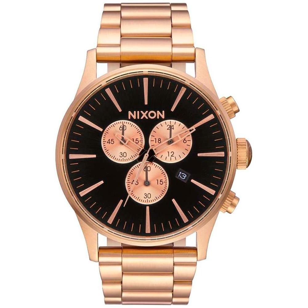 Reloj Nixon Sentry Chrono A3861932 Fecha Cronómetro Acero Inoxidable Oro Rosado Dial negro