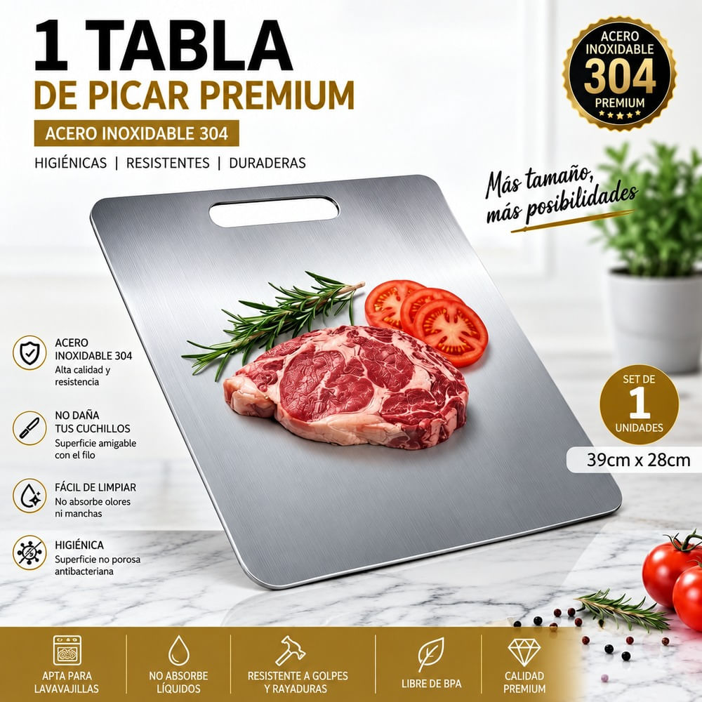 TABLA DE PICAR ACERO INOXIDABLE 39x28 CM DISEÑO PREMIUM.