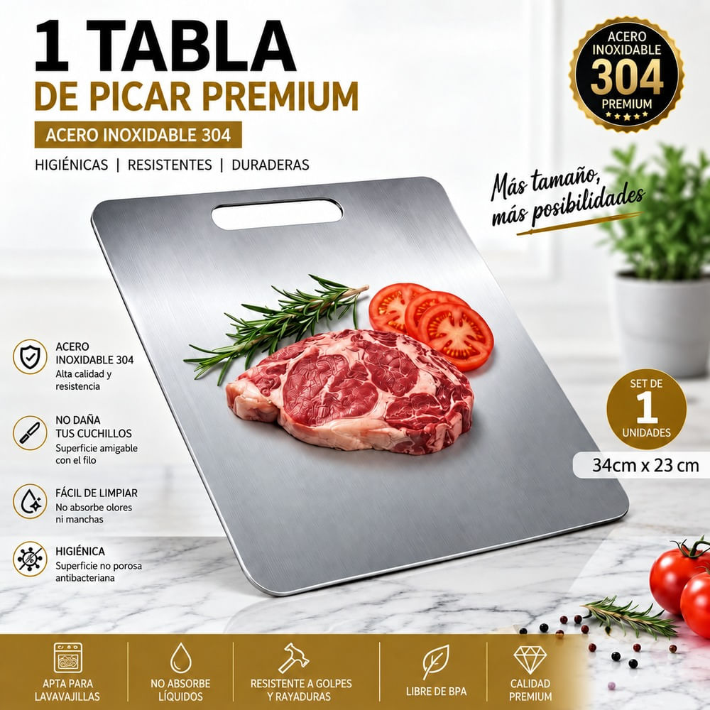 TABLA DE PICAR EN ACERO INOXIDABLE 34 x 23 CM DISEÑO PREMIUM.