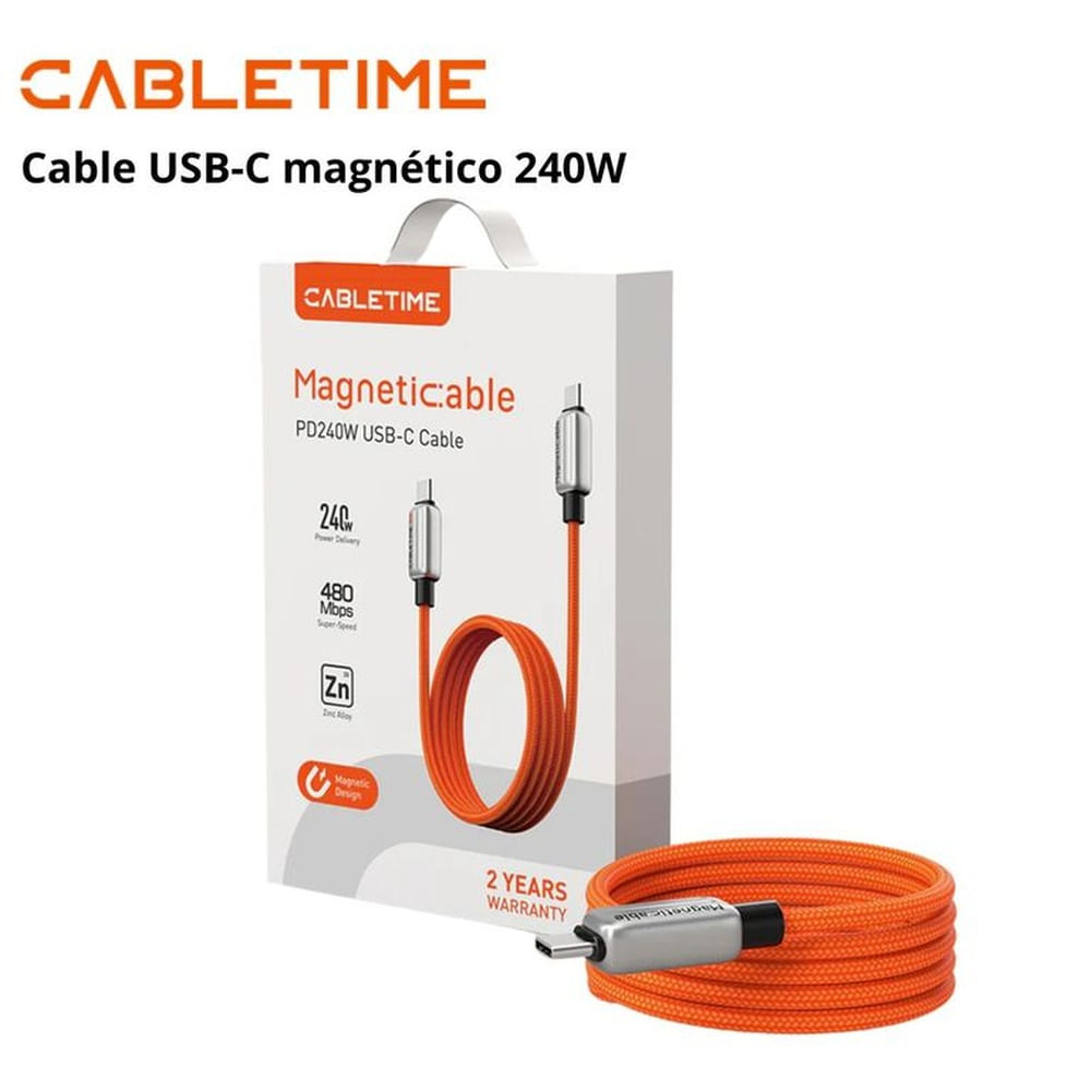 Cable USB-C magnético 240W de 2M Naranja - CABLETIME CU06L