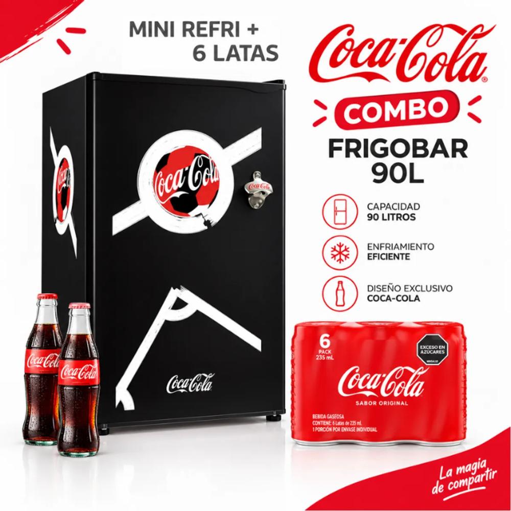 Frigobar Nostalgia 90 Lt Cocca Cola CKRF32CBWC-B Negro y 6 latas cocacola