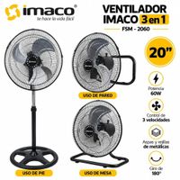 Ventilador 20 Pulgadas FSM2060 Imaco 3 en 1 Pedestal Mesa y Pared 60W Negro