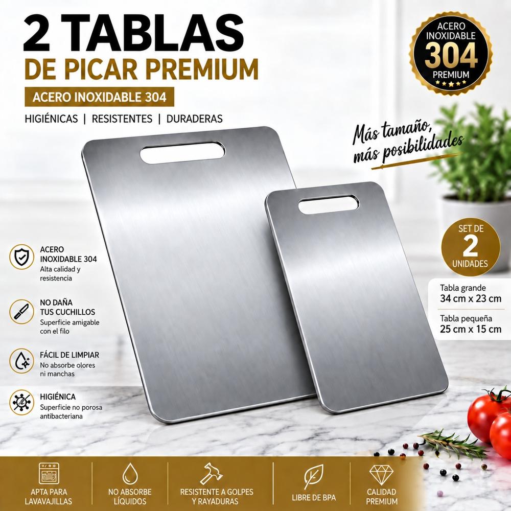 2 TABLAS DE PICAR ACERO INOXIDABLE 34 X 23 Y 25 X15CM DISEÑO PREMIUM.