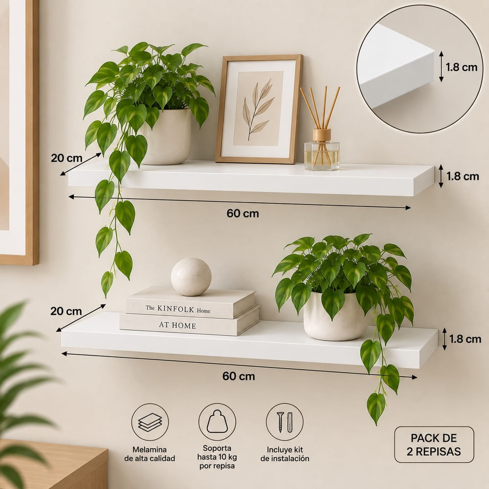 Pack de 2 repisas rectas flotantes 60x20 cm Blanco