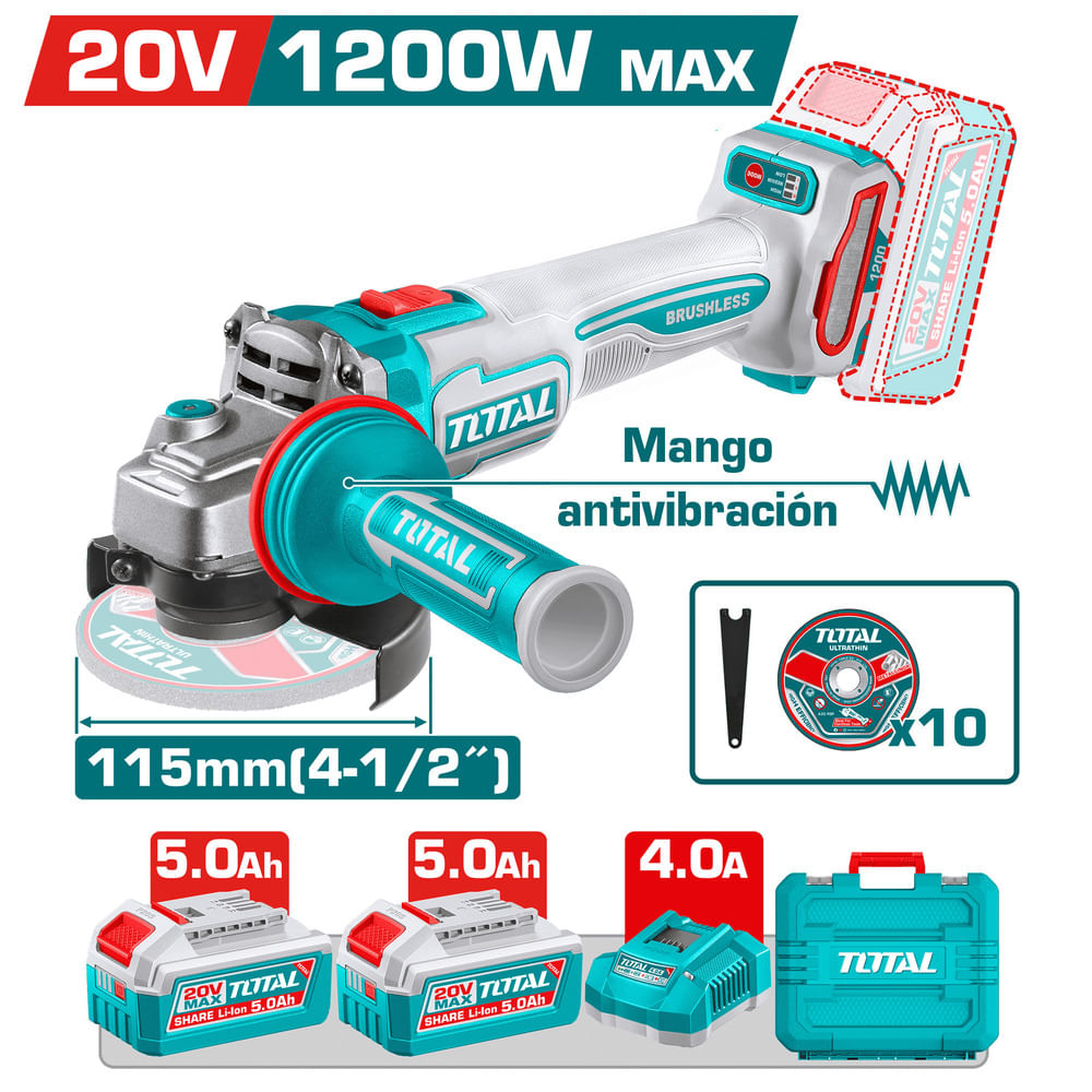 AMOLADORA 20V BL 3000 9000RPM 115MM M14 1200W ANTI-VIBRACION 2X5.0AH ACC INDUSTRIAL
