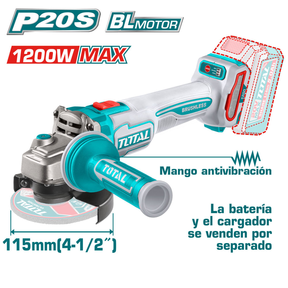 AMOLADORA 20V BL 3000-9000RPM 115MM M14 1200W ANTI-VIBRACION INDUSTRIAL