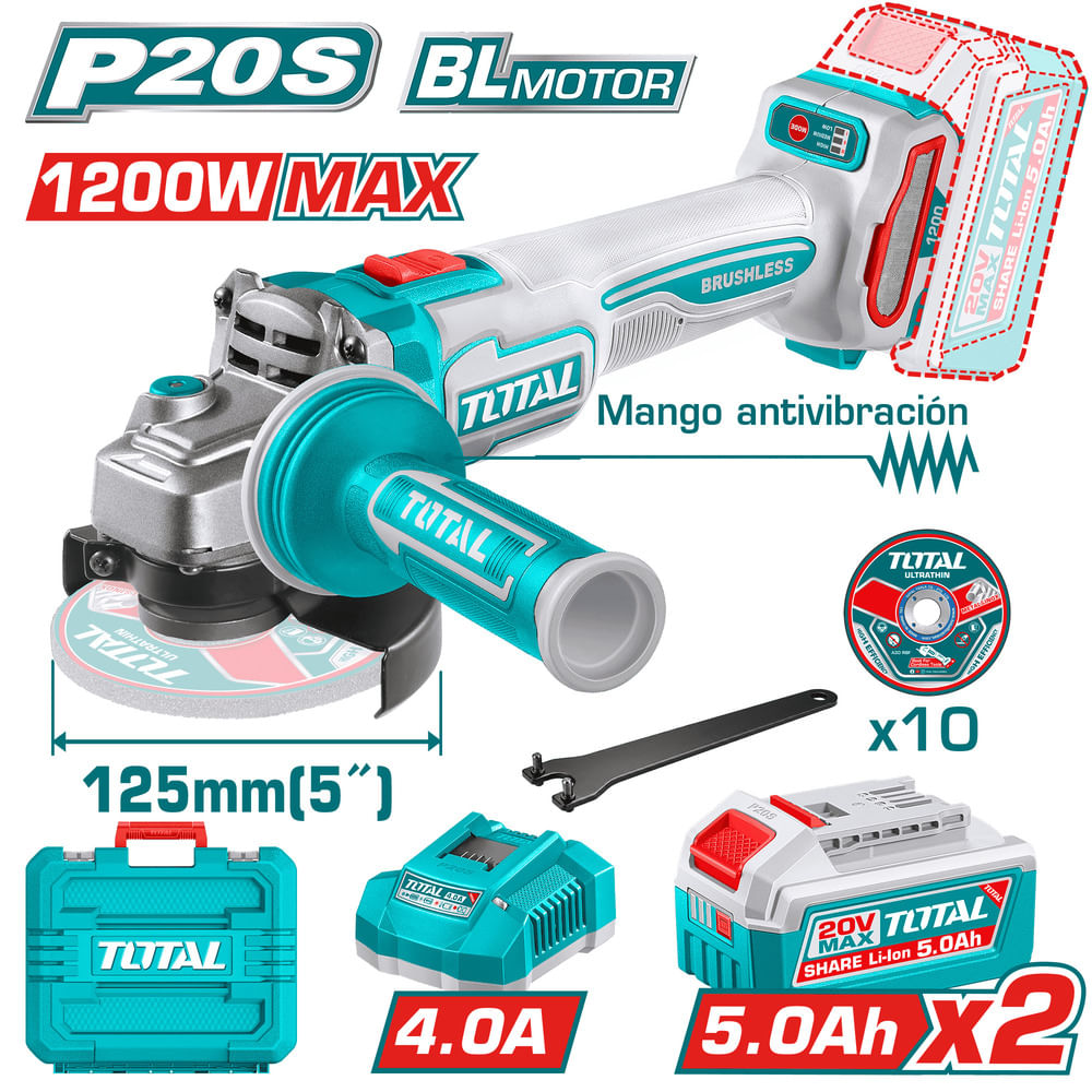 AMOLADORA 20V BL 3000-9000RPM 125MM M14 1200W ANTI-VIBRACION 2X5.0AH ACC INDUSTRIAL