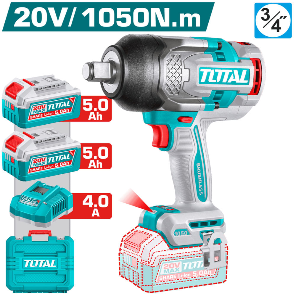 LLAVE IMPACTO 20V BL 1050NM 3.4 2200BPM 2X5.0AH MALETIN INDUSTRIAL