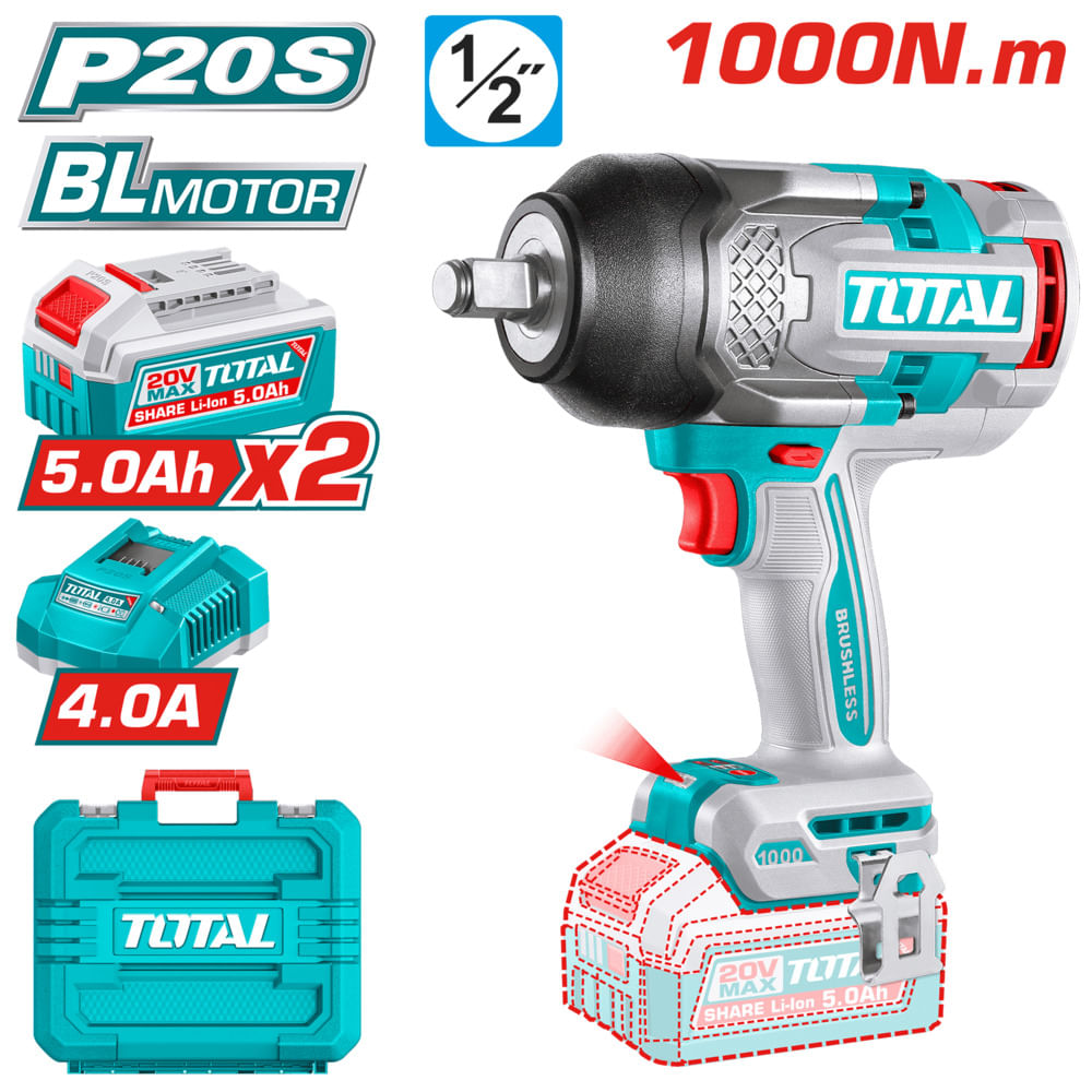 LLAVE IMPACTO 20V BL 1000NM 1.2 2200BPM 2X5.0AH MALETIN INDUSTRIAL
