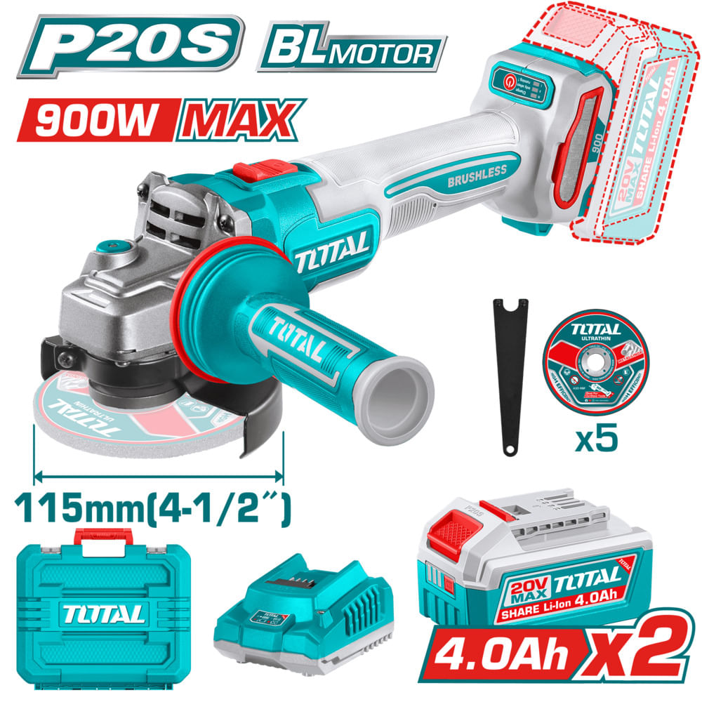 AMOLADORA 20V BRUSHLESS 3000-9000RPM 115MM M14 900W 2X4.0AH DISCO X5 INDUSTRIAL