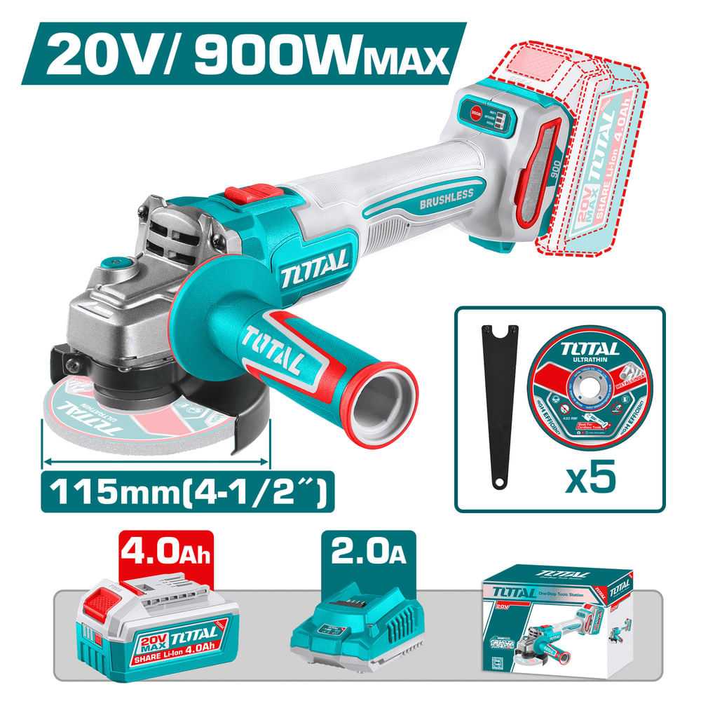 AMOLADORA 20V BRUSHLESS 3000-9000RPM 115MM M14 900W 1X4.0AH DISCO X5 INDUSTRIAL