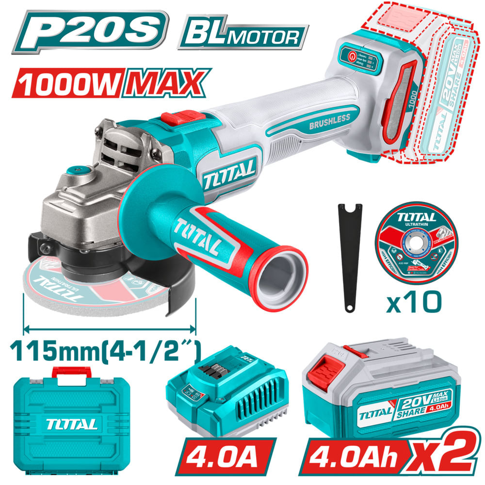AMOLADORA 20V BRUSHLESS 3000-9000PRM 115MM M14 1000W MAX 2X4.0AH INDUSTRIAL