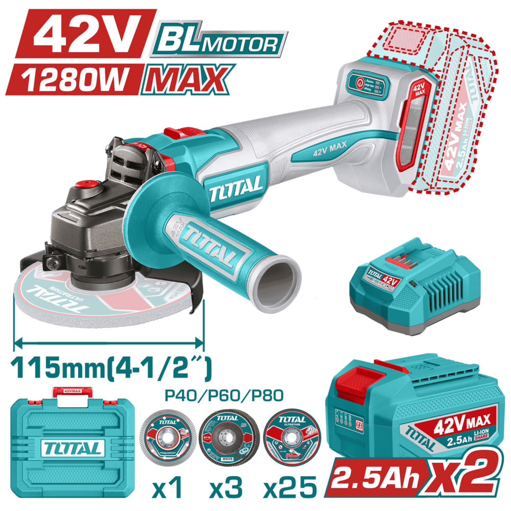 AMOLADORA 42V BLMOTOR 3000-6500-10000RPM 115MM M14 1280WMAX 2X2.5AH ACC MALETIN INDUSTRIAL