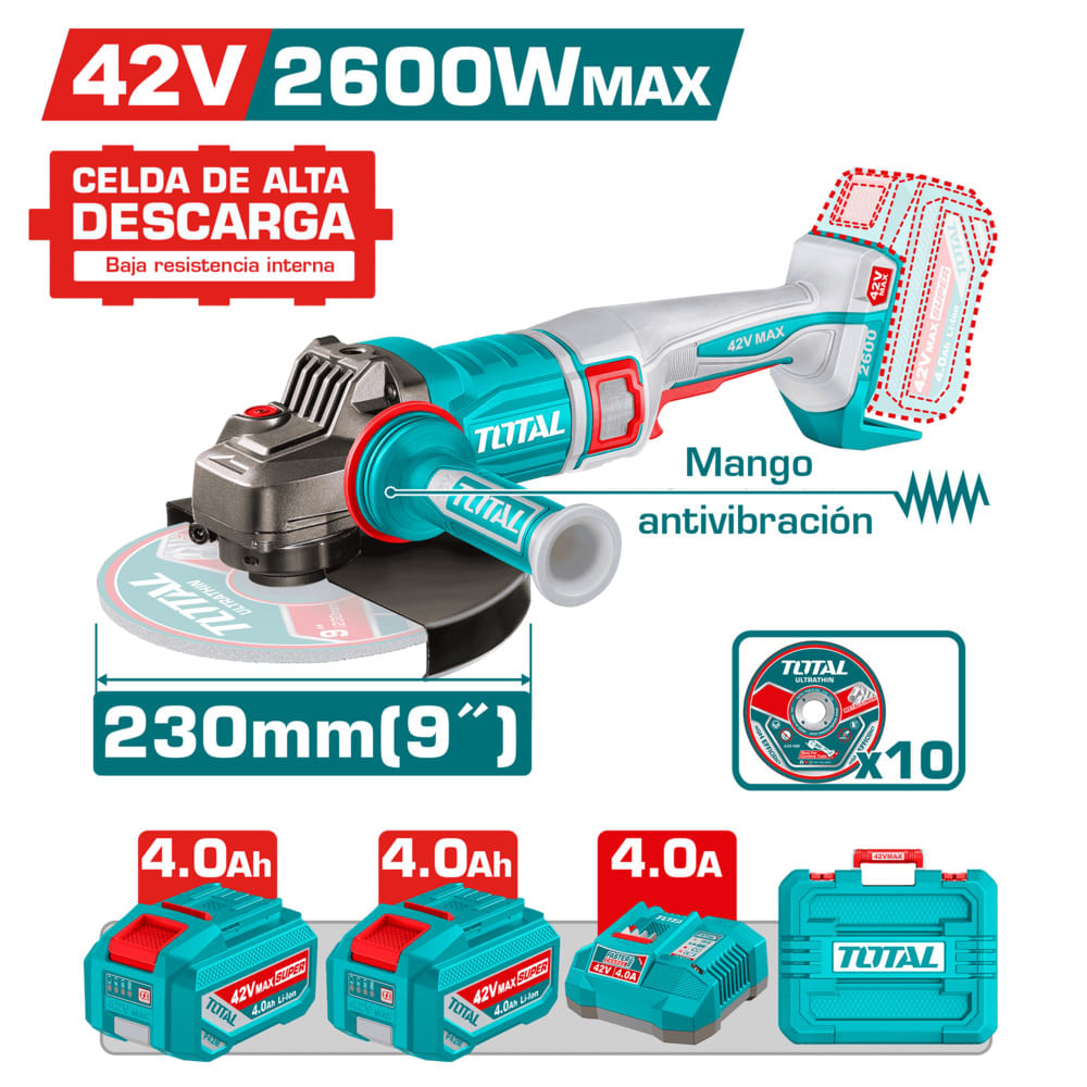 AMOLADORA 42V BLMOTOR 6300RPM 230MM M14 2600W MAX 2X4.0AH ACC MALETIN INDUSTRIAL