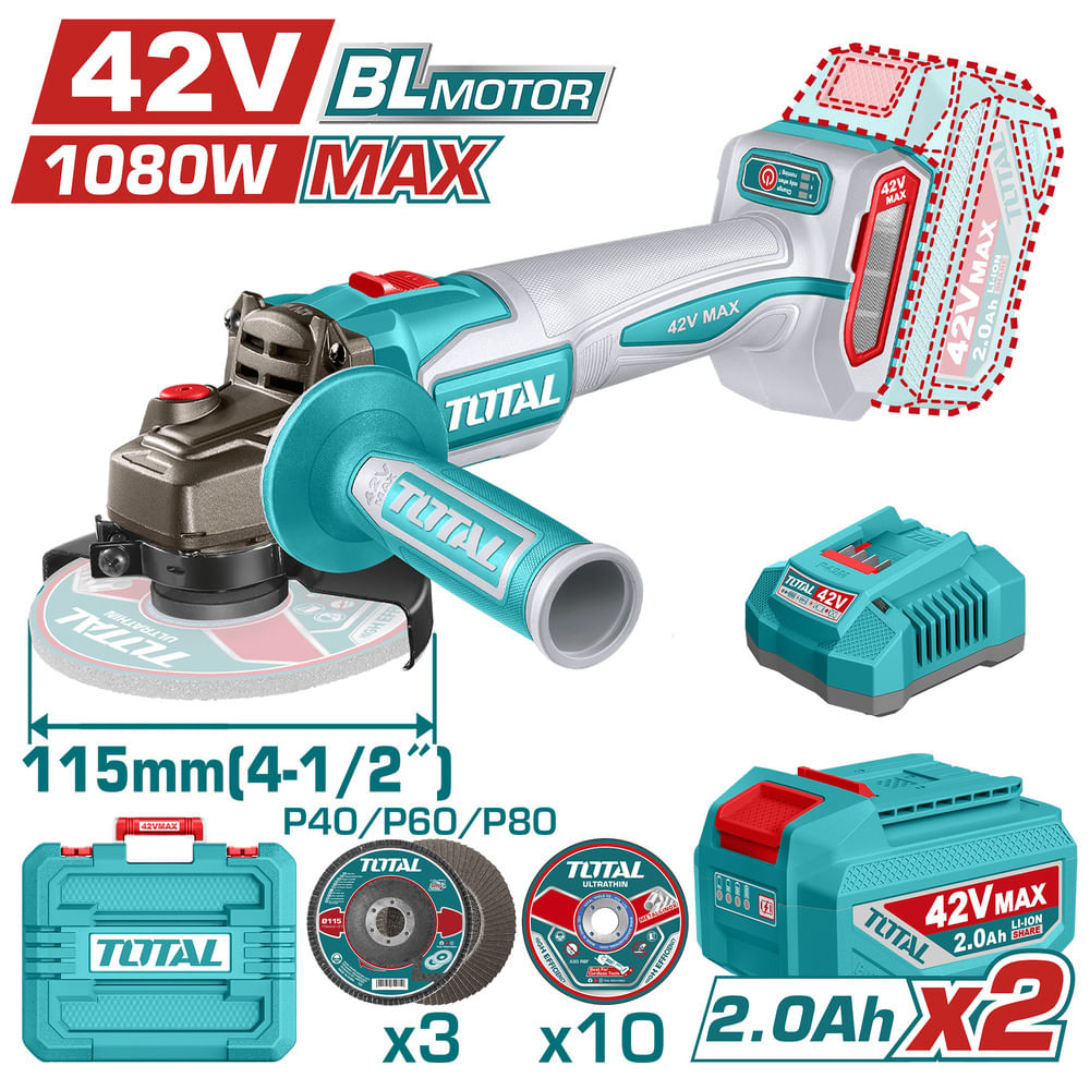 AMOLADORA 42V BLMOTOR 3000-9000RPM 115MM M14 1080WMAX 2X2.0AH ACC MALETIN INDUSTRIAL