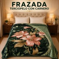 Frazada Terciopelo reverso Carnero Verde agua I Diseño: Flor verde I 2 Plazas I 4 Kilos