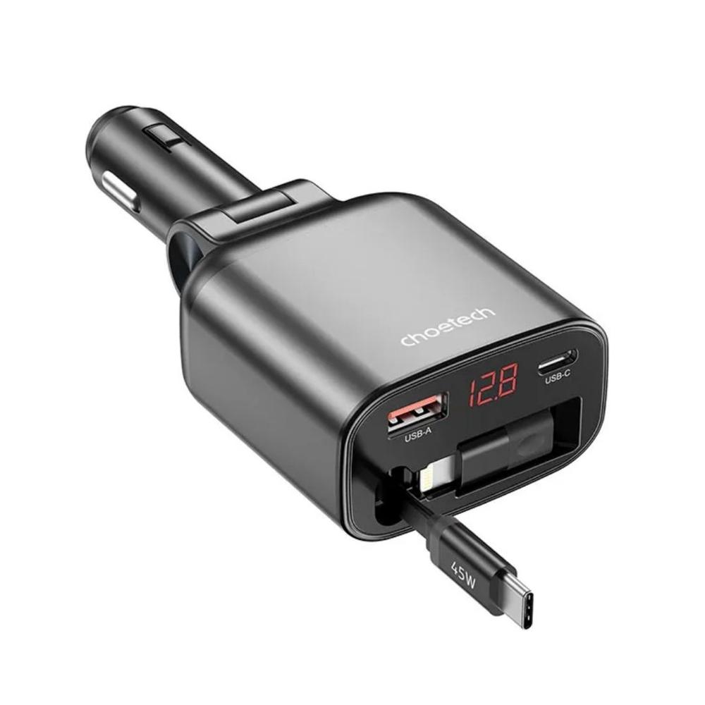 Cargador para auto con 1 puerto USB-C y 1 puerto USB-A, 105W, Cable retráctil USB-C-TC0033