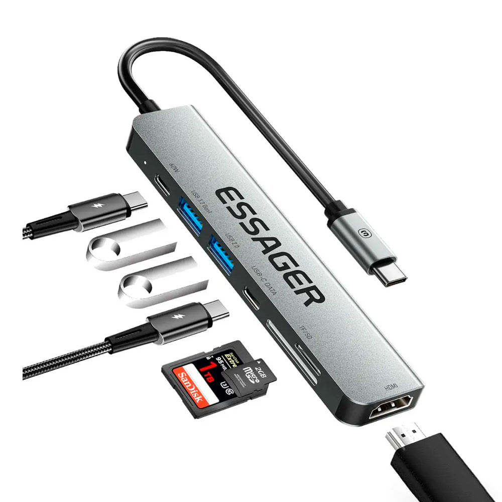 Essager Hub USB C 7 En 1 HDMI 4K 30Hz Carga PD Lector SD
