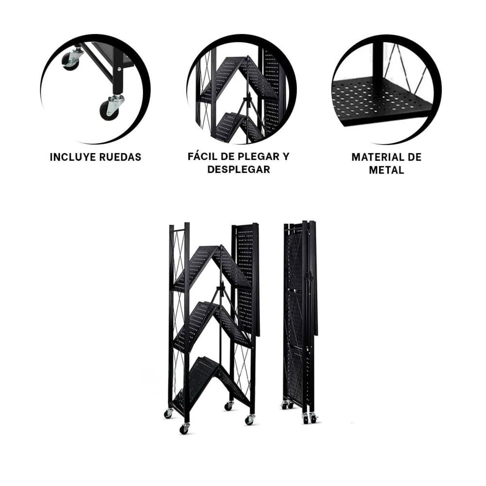 Mueble Plegable de Metal con 4 Niveles Negro para Uso Diario en Casa YLigas Regalo