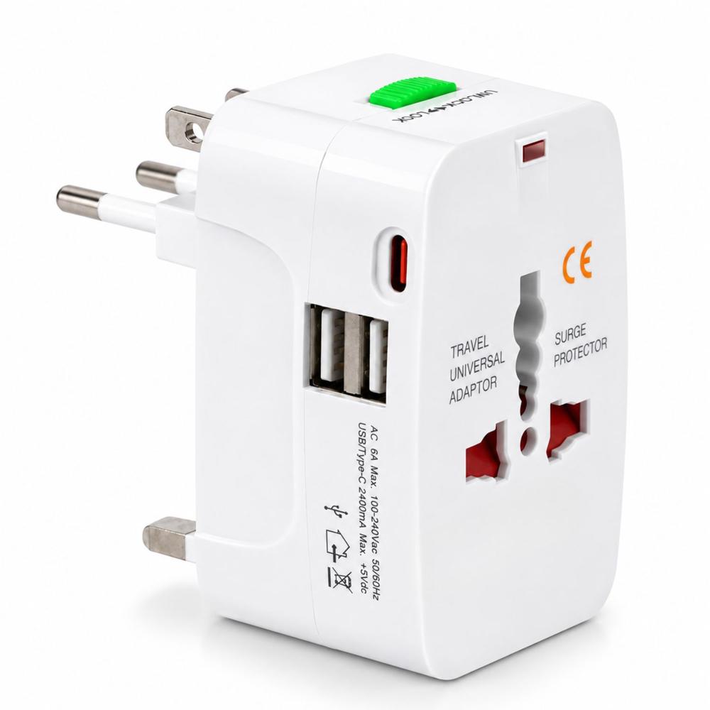 Cargador Viajero Universal 150 Países Con USB C 2 USB Adaptador Internacional 110-240V