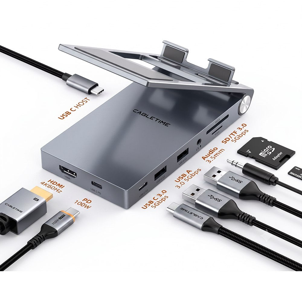 Hub USB-C 8 en 1 y Soporte Plegable CABLETIME 4K 60Hz PD 100W SD-TF 3.5mm Aluminio Switch CB04G